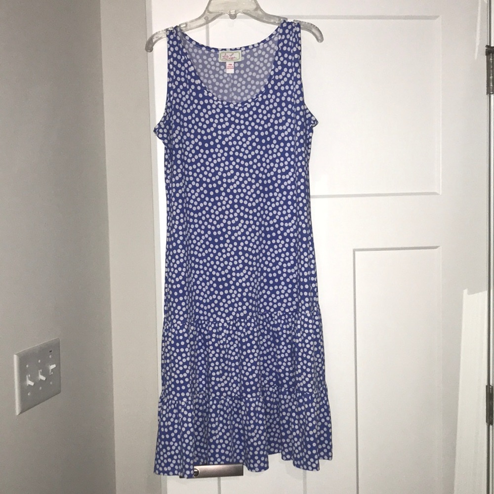 Blue dress white polka dots